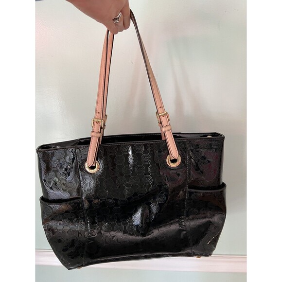 Michael Kors Collection Womens Tote Bag Black Patent Tan Dual Handle Monogram L - Picture 7 of 7